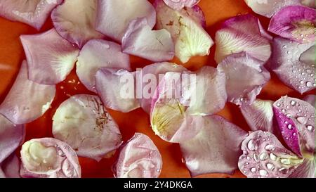 Rosenblätter schwimmen im Wasser. Bestreute Rosenblätter, die im Wasser auf orangefarbenem Hintergrund schwimmen. Konzept von Spa, Wellness, Selbstpflege. Stockfoto