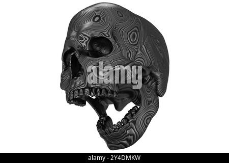 Schädel aus Damaszener Stahl, isoliert auf weißem Hintergrund. 3D-Rendering. Inspiriert von menschlichen Knochen, Skelett, Halloween und Day of the Dead. Stockfoto