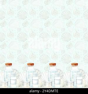 Kosmetikset mit nahtlosem Rand und Muster. Öl, Creme und Badesalz. Aquarellgrafik auf weißem Hintergrund. Die Abbildung ist handgezeichnet in Pastellfarben. Geeignet für Kartendesigns, Textilien und Scrapbooking Stockfoto