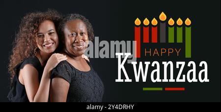 Festliches Banner für Happy Kwanzaa mit afroamerikanischer Frau und ihrer Tochter Stockfoto