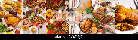 Collage von festlichem Tisch mit traditionellen Gerichten zum Thanksgiving Day Stockfoto