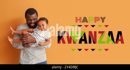 Festliches Banner für Happy Kwanzaa mit dem jungen afroamerikanischen Vater und dem süßen Baby Stockfoto