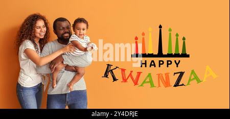 Festliches Banner für Happy Kwanzaa mit jungen afroamerikanischen Eltern und süßem Baby Stockfoto