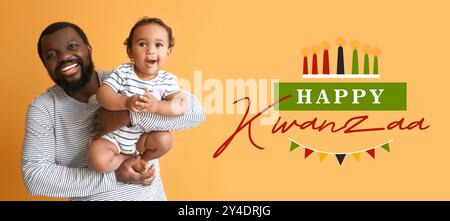 Festliches Banner für Happy Kwanzaa mit dem jungen afroamerikanischen Vater und dem süßen Baby Stockfoto