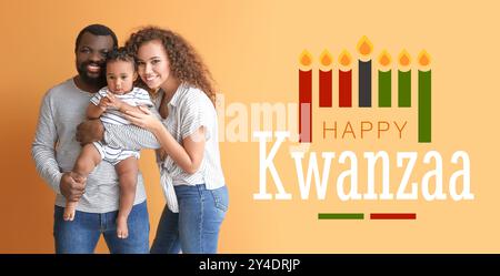 Festliches Banner für Happy Kwanzaa mit jungen afroamerikanischen Eltern und süßem Baby Stockfoto