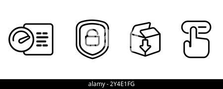 Code Geschwindigkeit Leistung Sicherheit Penetration Test Unit Paket und Usability Interaction Review Software Test Symbol Set Umrisslinie schwarz in weiß Stock Vektor