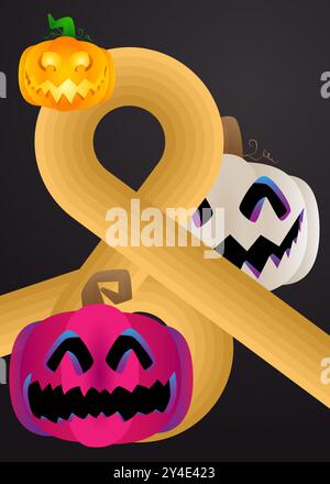 Retro 70er Jahre Hintergrund mit Halloween Jack O' Laterne. Groovige gruselige 1970er Jahre Kunstvorlage. Minimalistisches Kürbisposter im Vintage-Design. Altmodische Farben Stock Vektor