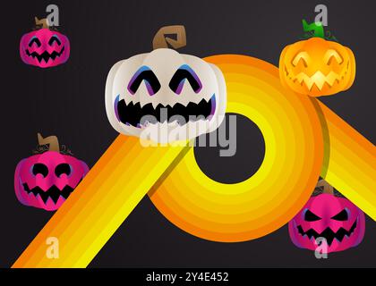Retro 70er Jahre Hintergrund mit Halloween Jack O' Laterne. Groovige gruselige 1970er Jahre Kunstvorlage. Minimalistisches Kürbisposter im Vintage-Design. Altmodische Farben Stock Vektor