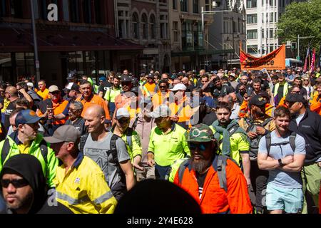 Sydney, Australien. September 2024. Tausende gehen heute für die CFMEU-Kundgebung weg. CFMEU-Demonstranten marschieren vom Belmore Park zum NSW-Parlament in der Macquarie Street, Sydney. Richard Milnes/Alamy Live News Stockfoto