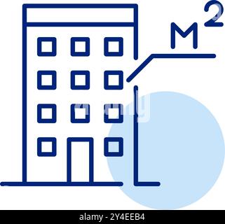 Hochhaus-Appartementgebäude und Quadratmeterschild. Kompakter urbaner Wohnraum. Immobilienmaße. Pixelperfektes, bearbeitbares Konturvektorsymbol Stock Vektor