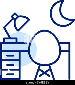 Komfortabler Schreibtisch mit Lampe und modernem Stuhl und Mondsichel. Produktivität bis spät in die Nacht, ruhige Arbeitszeiten. Pixel Perfect, bearbeitbarer Kontur vecto Stock Vektor