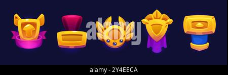 Gold Achievement, Level-Up und Rang-Abzeichen für das Design der spieloberflächen. Zeichentrickvektor Illustration Set Symbol der goldenen Medaille mit Bändern. Trophäenemblem des Videospielsiegers. Bonus- oder Bewertungsabzeichen. Stock Vektor