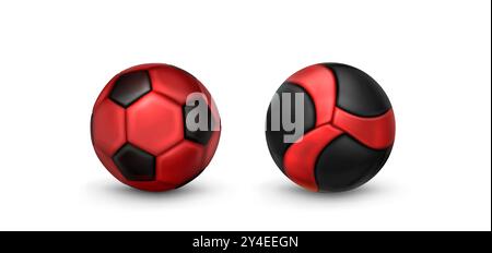 3D-Fußball. Rote und schwarze Sportsymbole. Realistisches Design-Set für Stadion-Spielelemente. Fußballspielzeug-Shooting in Scharlach und pentagon-Muster. Trophäengrafik für die Fan-League-Wettkampfkugel Stock Vektor