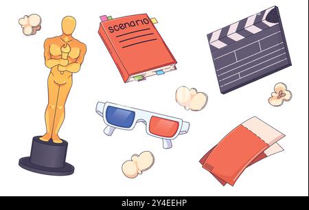 Kino und Kino Cartoon Vektor-Ikonen Set - goldene Oscar-Award-Statue und Szenario, Popcorn und 3D-Sonnenbrille, Clapperboard und zwei Eintrittskarten für Unterhaltung. Design-Element der Kinematographie. Stock Vektor