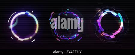 Glitcheffekt-Kreis in Neon. Digitaler Ringrahmen mit Cyber-Licht. Futuristisch gebrochene Pixel und Rauschgrafkante. Minimale dynamische holographische Verzerrung Avatar-Illustration. Farbfehler-Illusion Stock Vektor