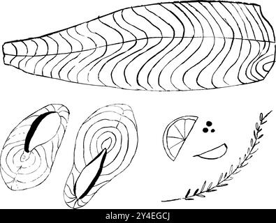 Illustration von Lachsfischen und Filet, Kritzeleien mit Lachsfischen und Gewürzen Stock Vektor