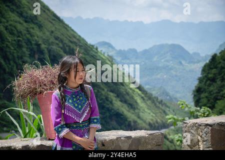 Das lokale Hmong Mädchen verkauft Blumen am Ma Pi Leng Pass in der Provinz Ha Giang in den Bergen Nordvietnams Stockfoto