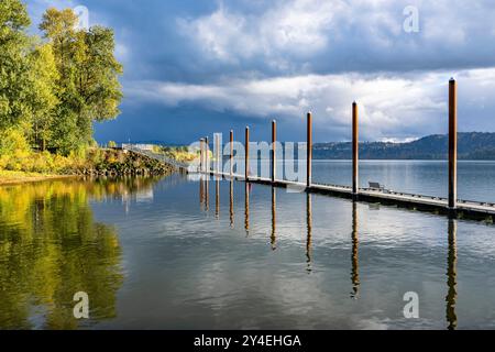 Landschaftsblick auf die kleine Insel mit Herbstbäumen am Columbia River mit einem Pier für Freizeitboote und Angelsteg im Columbia Rive Stockfoto