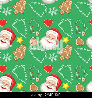 Weihnachtsmann, Bäume, Herzen und Kekse auf grünem Hintergrund Stock Vektor