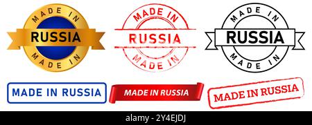 Made in Russia Stempel Bunte Abzeichen hergestellt Produkt Export Import Label Aufkleber Design Set Sammlung Stock Vektor