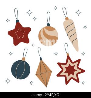 Weihnachtskugeln Kollektion. Flache Vektorelemente im Retro-Stil. Set für Druck, Banner, Karte, Broschüre oder Poster. Stock Vektor