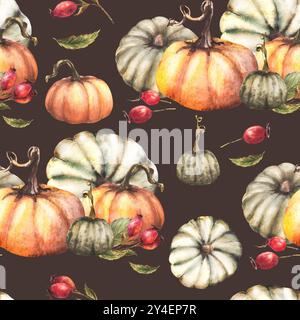 Kürbisse mit wilder Rosenhüte, Brüllfrüchte, nahtloses Muster der Hunderose. Illustration der Herbsternte mit Aquarell. Handgezeichnetes Thanksgiving Day-Material Stockfoto
