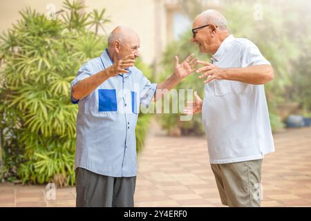 Zwei Seniorenfreunde treffen sich und freuen sich, sich draußen zu sehen Stockfoto