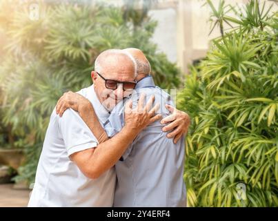 Zwei ältere Freunde umarmen sich beim Treffen im Freien Stockfoto