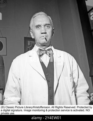 Sir Alexander Fleming 1945. 6. August 1881 – 11. März 1955, schottischer Arzt und Mikrobiologe, bekannt für die Entdeckung der weltweit ersten breit wirksamen antibiotischen Substanz, die er Penicillin nannte. Seine Entdeckung des später benannten Benzylpenicillins (oder Penicillin G) aus der Form Penicillium rubens im Jahr 1928 wurde als der „größte Sieg, der jemals über die Krankheit erreicht wurde“ beschrieben. Für diese Entdeckung teilte er 1945 den Nobelpreis für Physiologie oder Medizin mit Howard Florey und Ernst Boris Chain. Abgebildet im Herbst 1945 in seinem Labor am St. Mary's Hospital i Stockfoto