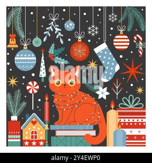 Frohe Weihnachtskarte mit Katze in Girlande Stock Vektor