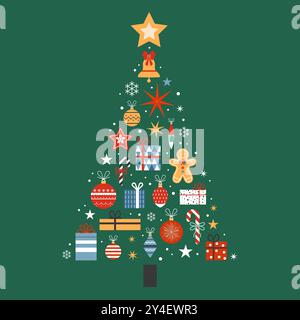 Weihnachtsbaum aus festlichen Elementen Postkarte Stock Vektor