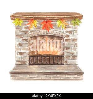 Brennender Kamin, dekoriert mit Ahornblattgirlande. Handgezeichnete Aquarellillustration im Vintage-Stil. Gemütliches Herbstdesign. Isoliert Stockfoto