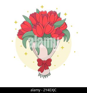 Wunderschöner Blumenstrauß in Papierverpackung mit einer roten Schleife auf einem Hintergrund aus goldenen Sternen und Glitzer. Geschenk-Blumenstrauß der roten Tulpen Vektor-Illustration. Stock Vektor