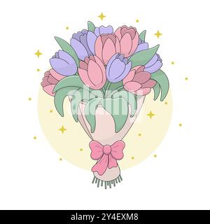 Ein süßer Blumenstrauß in Papierverpackung mit einer rosa Schleife auf einem Hintergrund aus goldenen Sternen und Glitzer. Geschenk-Blumenstrauß der Tulpen Vektor-Illustration. Stock Vektor