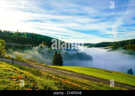 Herbstliche Landschaft im Schwarzwald. Natur am Morgen mit tief liegenden Wolken im Tal. Stockfoto