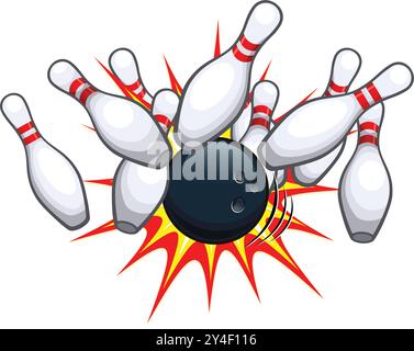 Klassische einfache Zeichentrickfilm zehn Pin Tenpin Bowling Ball und Pins schlagen Logo Icon Vektor isoliert auf transparentem Hintergrund Stock Vektor