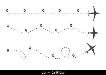 Flugzeug-Zeiteinlauf gestrichelte Linie mit Pin. Infografik-Ziel-Arbeitsvorlagenvorlage. Flugzeugsymbole, Roadmap-Infografik und Routen mit Standort. Vektorabbildung Stock Vektor