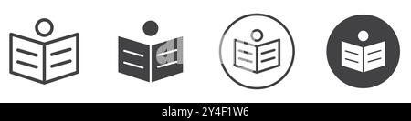 Das Symbol für das offene Lesegerät des Buches wird in Form einer dünnen Linienkontur und eines linearen Vektorzeichens festgelegt Stock Vektor