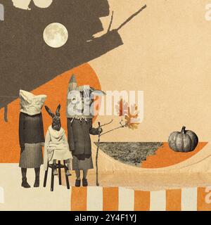 Drei Figuren in hausgemachten Masken stehen unter Vollmond vor abstrakter Herbstkulisse. Zeitgenössische Kunstcollage. Stockfoto