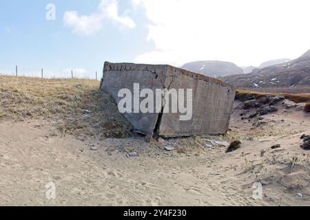 Alte beschädigte deutsche Bunker des 2. Weltkriegs nahe der russischen Grenze im Frühjahr, Grense Jakobselv, Norwegen. Stockfoto