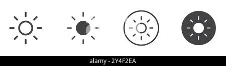 Symbol für Helligkeit in Form einer dünnen Linienkontur und linearem Vektorzeichen festgelegt Stock Vektor