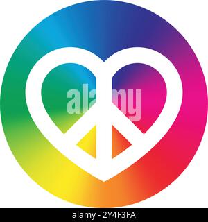 Klassisches Peace Love Heart Symbol Logo Zeichen im Regenbogenkreis, Vektor isoliert auf transparentem Hintergrund Stock Vektor