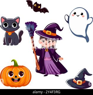 Niedliche halloween Set Cartoon Charaktere Vektor Illustration Stock Vektor