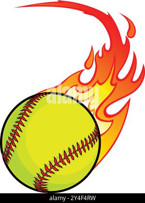 Schneller flammender gelber Softball mit rotem Stitching Cartoon schattierte weiche Kugel Logo Symbol Vektor isoliert auf transparentem Hintergrund Stock Vektor