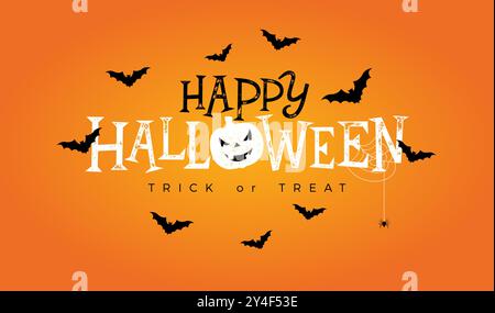 Glückliche Halloween Vektor-Illustration mit unheimlichem Kürbis, fliegenden Fledermäusen und Typografie-Beschriftung auf orangem Hintergrund. Weihnachtsdesign für Banner, Gruß Stock Vektor