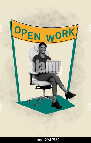 Vertikale Poster Collage junge Frau Laptop Remote Job Arbeiter offene Arbeit Urlaub Sessel Büro Personal Einstellung Einstellung Stockfoto