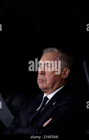 Madrid, Spanien. September 2024. Real Madrid Trainer Carlo Ancelotti war beim Spiel der UEFA CHAMPIONS LEAGUE 2024/25 zwischen Real Madrid und VfB Stuttgart im Santiago Bernabeu Stadion zu sehen. Endergebnis Real Madrid 3 gegen Stuttgart 1 Credit: SOPA Images Limited/Alamy Live News Stockfoto