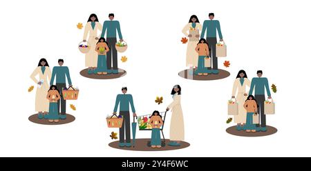 Schwarze Leute kaufen Illustration in flachem Vektor. Mom, Dad, Tochter in Herbstkleidung mit gewebten Körben, Papiertüten und Einkaufswagen voll Stock Vektor