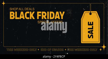 Schwarzes Banner mit gelbem Text Black Friday Sale, mit Sonderangeboten und hängendem Verkaufsetikett, mit Phrase NUR DIESES WOCHENENDE Stockfoto