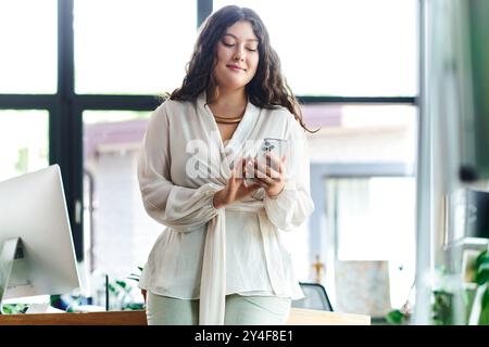 Eine junge, schöne Frau in Übergröße steht im Büro und lächelt, während sie beiläufig ihr Handy überprüft. Stockfoto